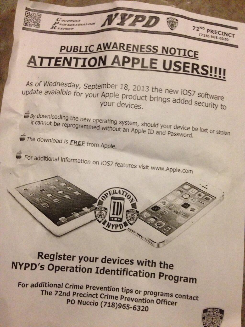 NYPD flyer advising an upgrade to iOS 7