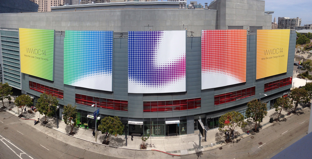 Shopping Centre opposite the Moscone Centre decorated with WWDC14 graphics